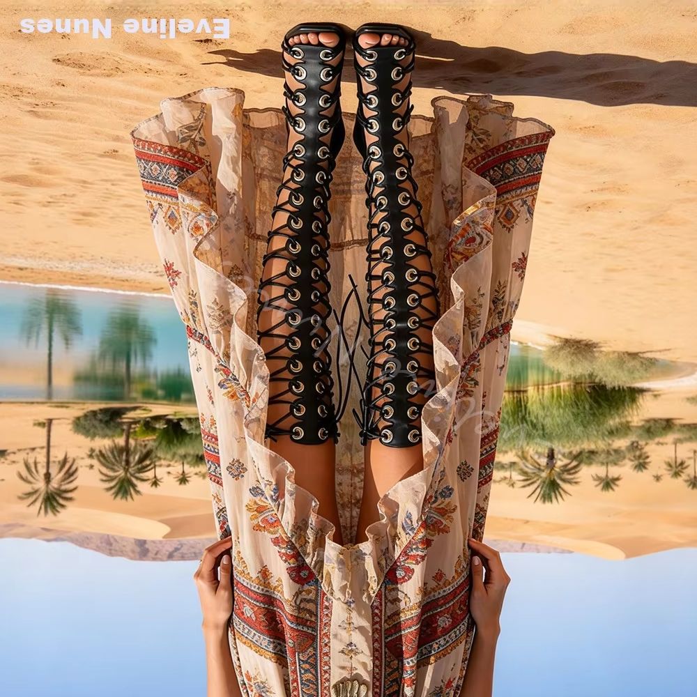 Knee High Boots Women - Women Gladiator Knee High Sandals Square