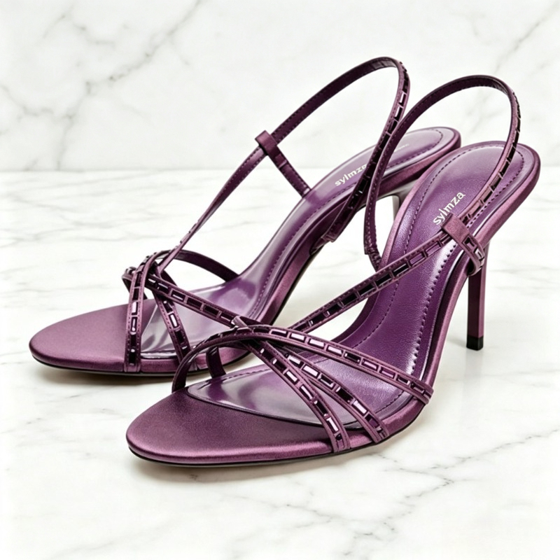 Women'S Shoes Quality - Purple Rhinestone Detail Heeled Sandals Women