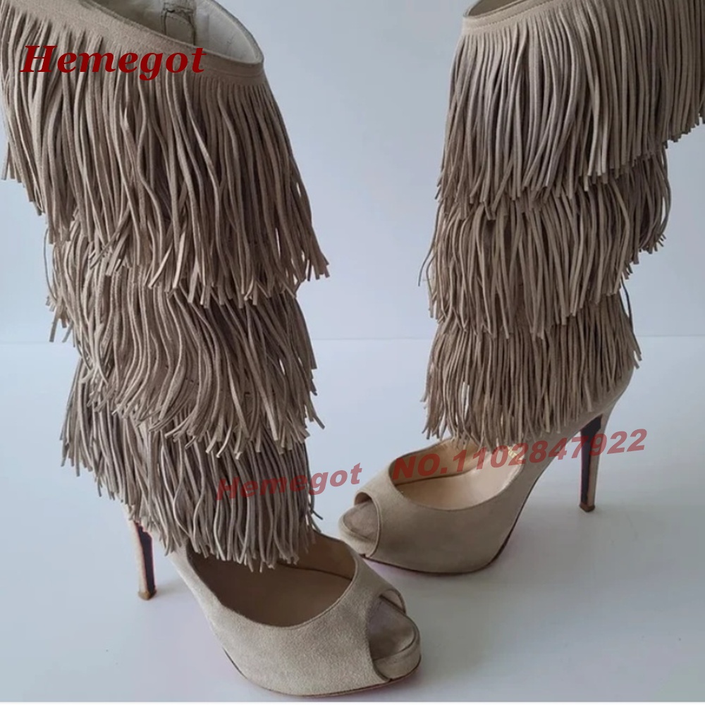 Tiered Fringe Peep‑Toe High He - Knee High Boots Women 评论和价格