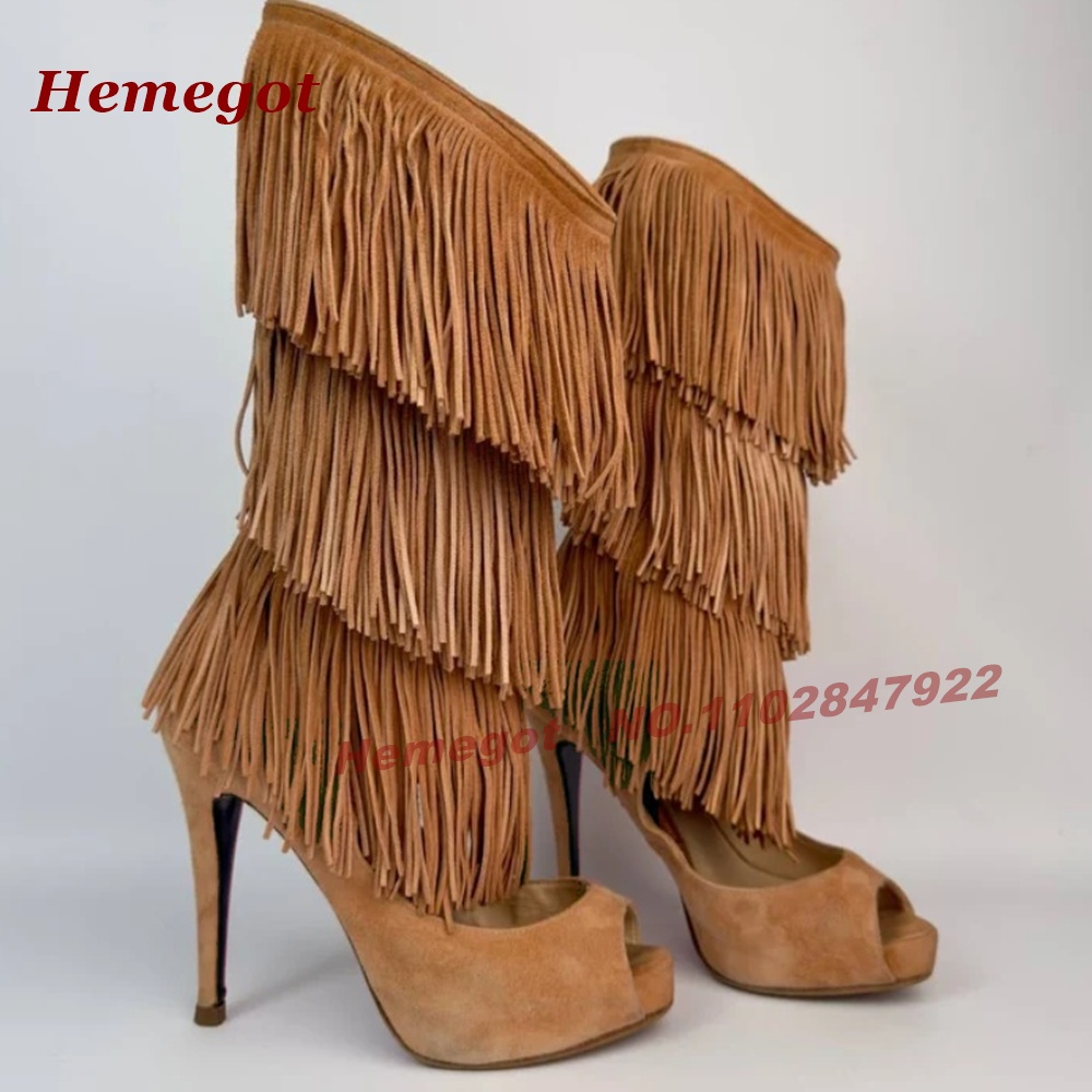 Tiered Fringe Peep‑Toe High He - Knee High Boots Women 评论和价格