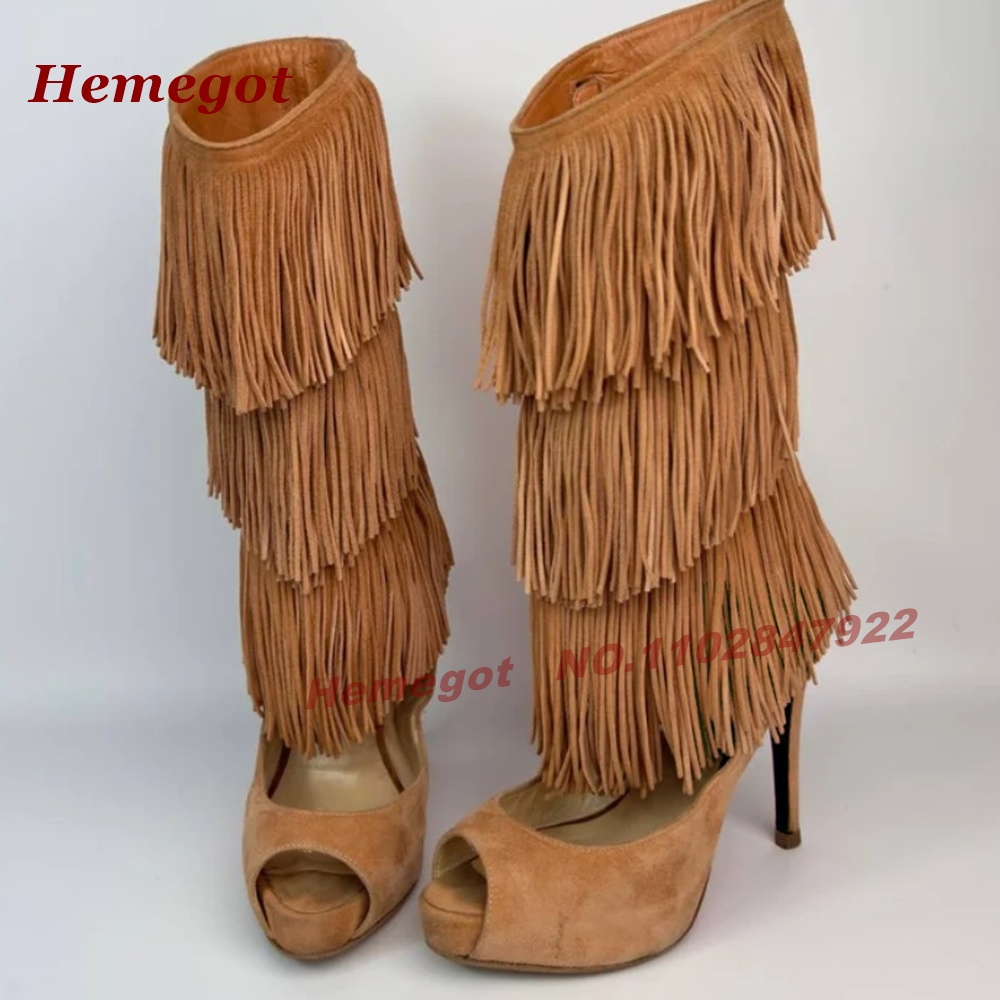 Tiered Fringe Peep‑Toe High He - Knee High Boots Women 评论和价格