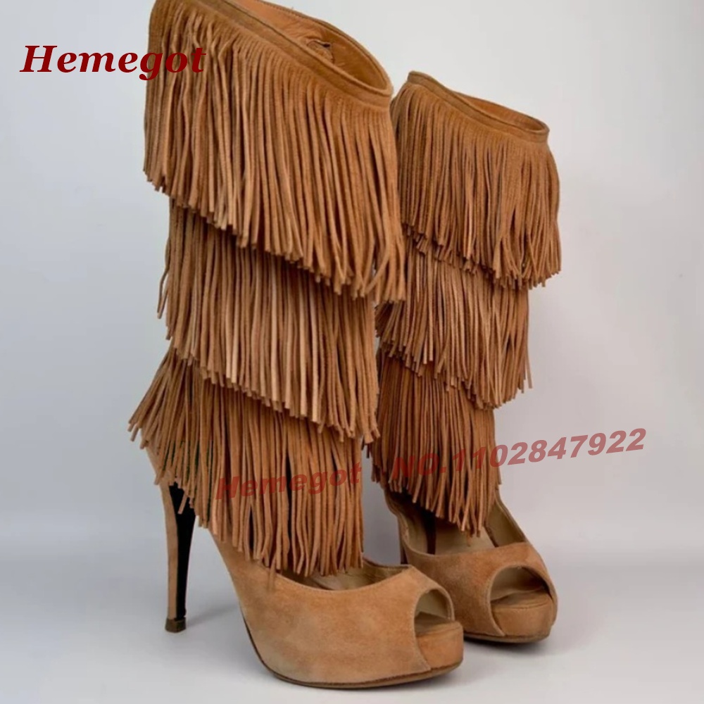 Tiered Fringe Peep‑Toe High He - Knee High Boots Women 评论和价格