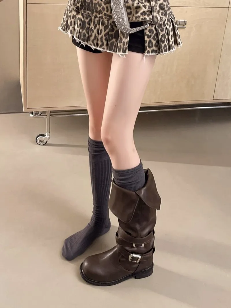 Women Round Toe Fold Over Knee - Knee High Boots Women 评论和价格